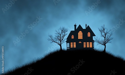 Eerie Victorian Mansion on Foggy Hill at Night, a shadowy structure looms under a moonlit sky, surrounded by swirling mist and foreboding trees.