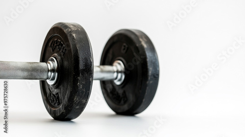 A close-up of a weightlifting dumbbell resting on a smooth surface in a well-lit room