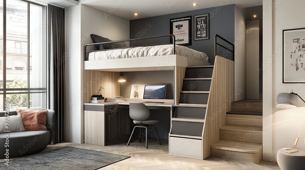 Fototapeta premium A stylish kid's bedroom featuring a loft bed with a built-in desk underneath, offering both sleeping and study space in a modern design.