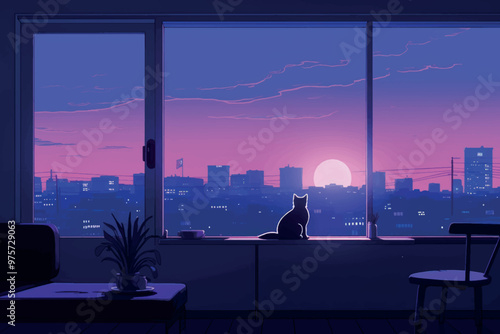 Fotografie Cat silhouette, city sunset