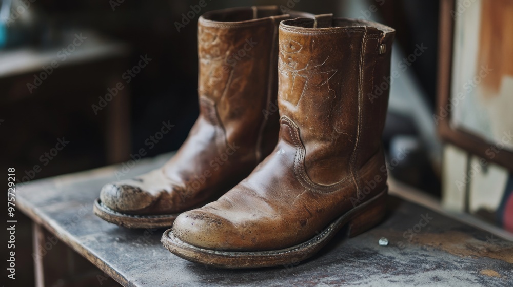 A pair of worn brown leather cowboy boots with a vintage feel, sitting on a wooden table. A pair of worn brown leather cowboy boots with a vintage feel, sitting on a wooden table.