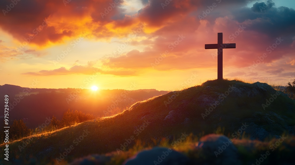 A cross atop the hill with a beautiful sunrise in the background, an Easter-themed background with copy space for text A cross atop the hill with a beautiful sunrise in the background, an Easter-themed background with copy space for text