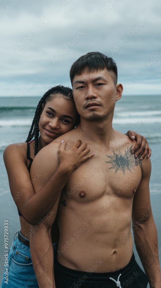 Black Woman and Asian Man Embracing Love and Acceptance by the Ocean Black Woman and Asian Man Embracing Love and Acceptance by the Ocean