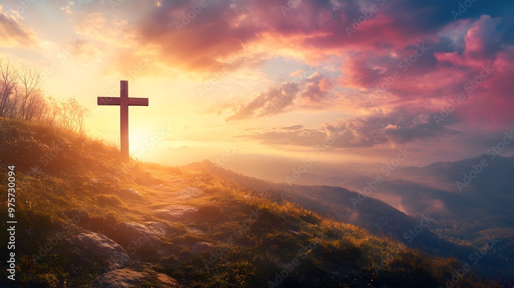 Fototapeta premium A cross atop the hill with a beautiful sunrise in the background, an Easter-themed background with copy space for text