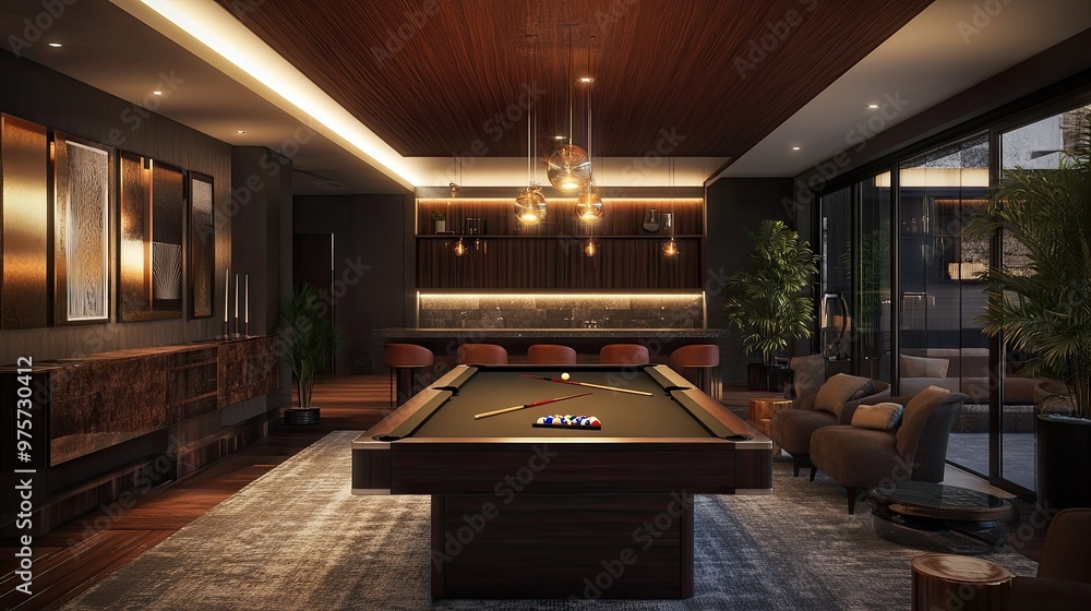 A stylishly designed game room centered around a modern pool table, with cozy seating and ambient lighting for an inviting atmosphere. A stylishly designed game room centered around a modern pool table, with cozy seating and ambient lighting for an inviting atmosphere.