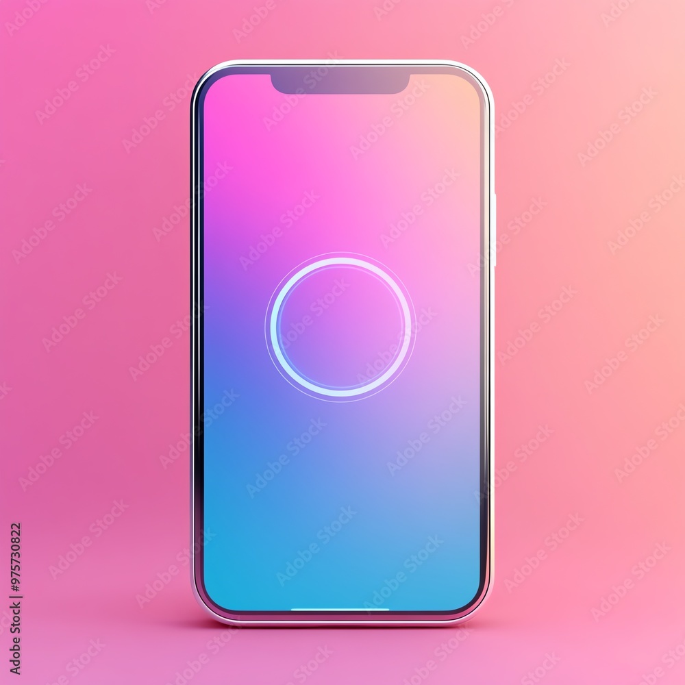 A white smartphone with a gradient blue and pink background. It has a white circle with a blue and white glow in the center. A white smartphone with a gradient blue and pink background. It has a white circle with a blue and white glow in the center.