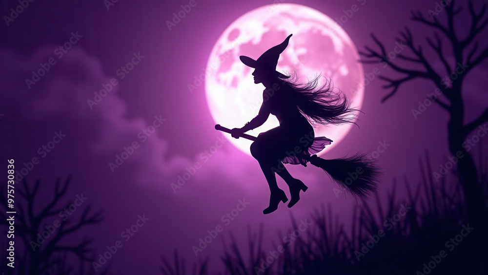 Fototapeta premium Cute halloween witch on her broomstick with copy space