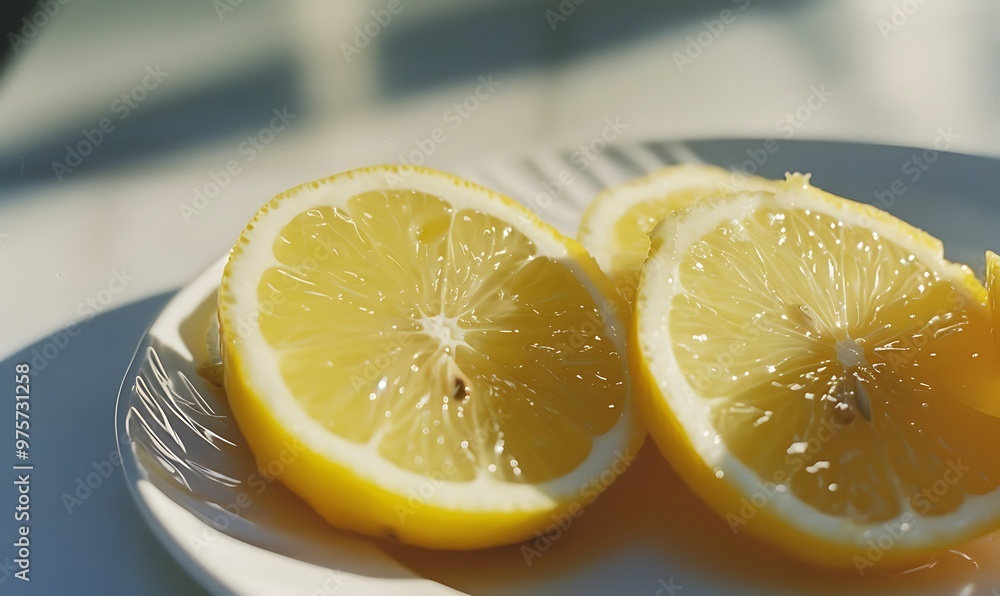 Slices of lemon on a white plate. Close-up. Slices of lemon on a white plate. Close-up.