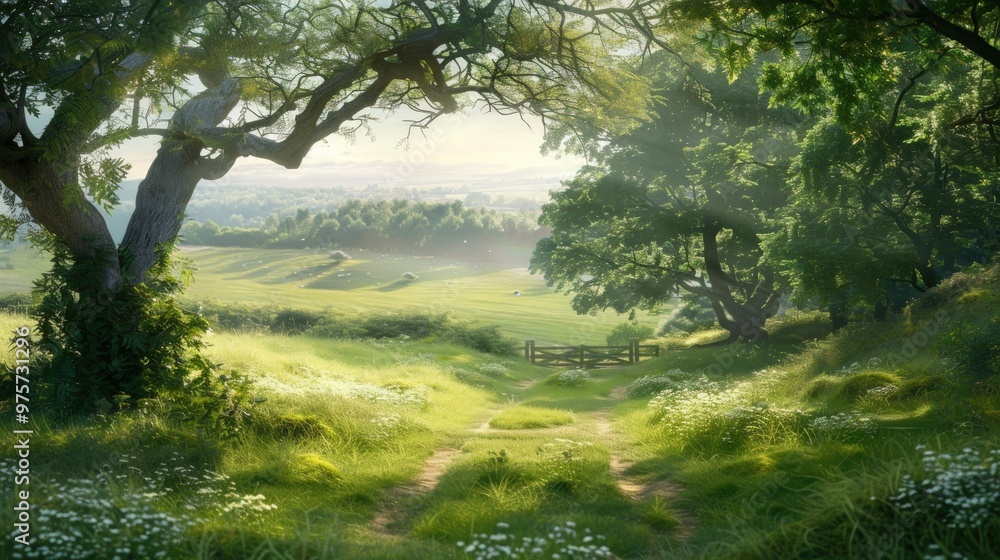 Serene Meadow Path with Sunbeams Serene Meadow Path with Sunbeams
