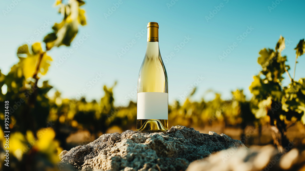 Fototapeta premium White wine mock-up. A bottle of white wine on a rock in a vineyard with an empty label