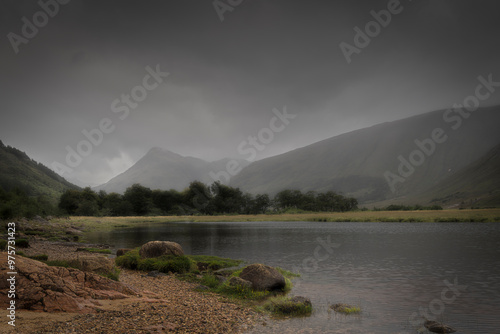 A peaceful, dreary, wet autumnal HDR image at the head of Loch Etive and Glen Etive in Argyll and Bute, Scotland.
