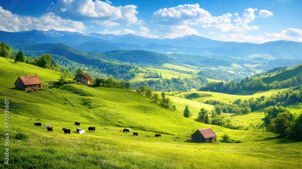 Scenic Mountain Valley with Rolling Hills and Cows Grazing Scenic Mountain Valley with Rolling Hills and Cows Grazing