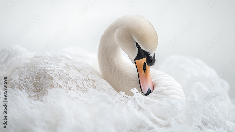 Obraz premium Elegant swan gracefully preening its feathers amidst soft white textures in serene surroundings