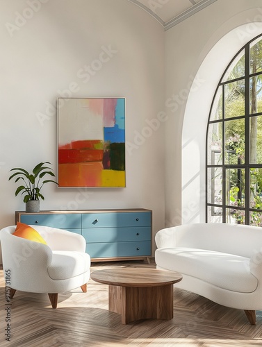 Modern living room interior with cozy sofa, home interior with cabinet drawers and coffee table