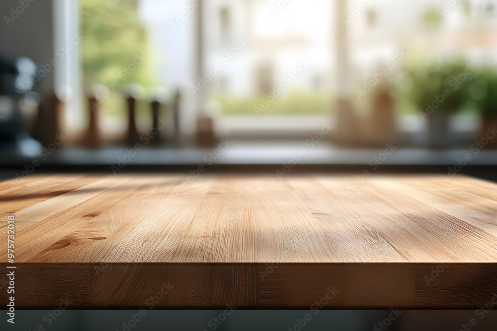 Wooden table on blurred kitchen bench background. Empty wooden table and blurred kitchen background Wooden table on blurred kitchen bench background. Empty wooden table and blurred kitchen background