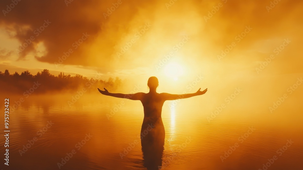 Silhouette of a Person with Arms Outstretched at Sunset Silhouette of a Person with Arms Outstretched at Sunset