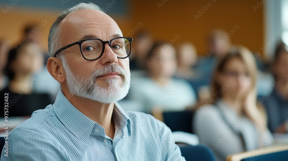 Confident middle-aged man with glasses and beard in a lecture hall setting, looking assured and knowledgeable. Confident middle-aged man with glasses and beard in a lecture hall setting, looking assured and knowledgeable.