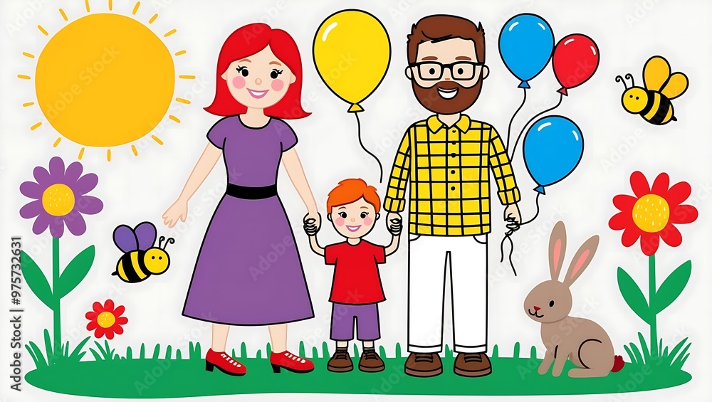 Whimsical cartoon family of three with balloons in a grassy field, featuring a sunny background with flowers, bees, and a rabbit. Great for fun and vibrant children's art Whimsical cartoon family of three with balloons in a grassy field, featuring a sunny background with flowers, bees, and a rabbit. Great for fun and vibrant children's art