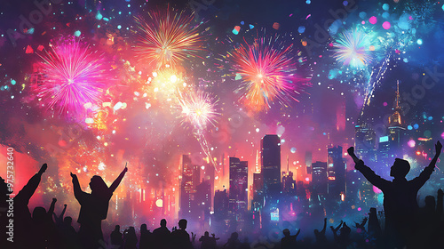 A vibrant New Year illustration featuring a colorful array of fireworks bursting over a city skyline, with people cheering and celebrating below. 