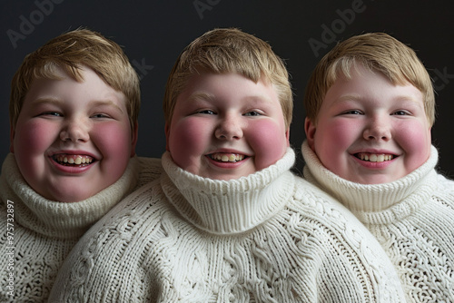 Three overweight boys. Portrait of smiling brothers with obesity photo