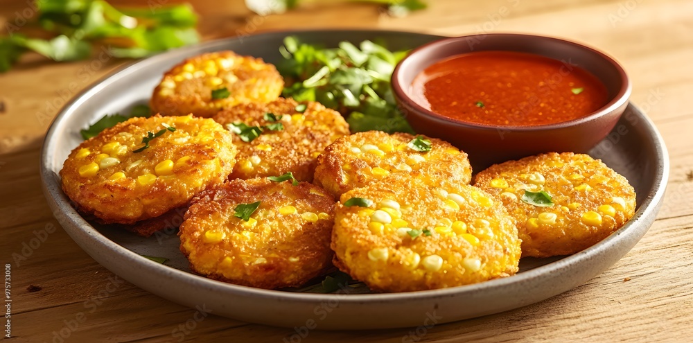 Crispy Corn Fritters with Spicy Sauce Crispy Corn Fritters with Spicy Sauce