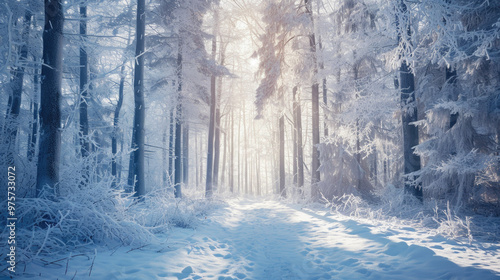 A tranquil snowy forest where trees are beautifully covered in snow