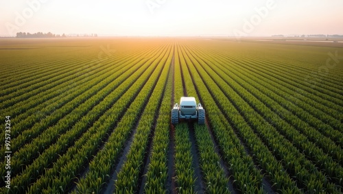 Autonomous Tractor Harvesting Crops in a Green Field at Sunset