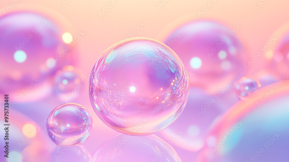 Soft pastel soap bubbles reflecting light against a gentle gradient background Soft pastel soap bubbles reflecting light against a gentle gradient background
