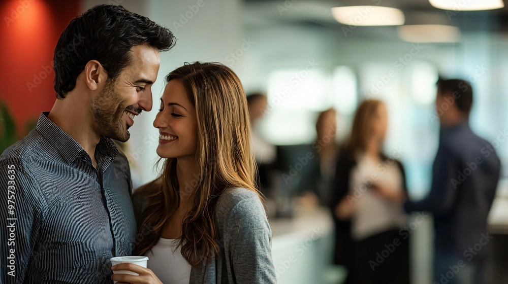 Modern office couple discreetly exchanging smiles during break, capturing subtle workplace romance and connection amidst blurred coworkers. Modern office couple discreetly exchanging smiles during break, capturing subtle workplace romance and connection amidst blurred coworkers.