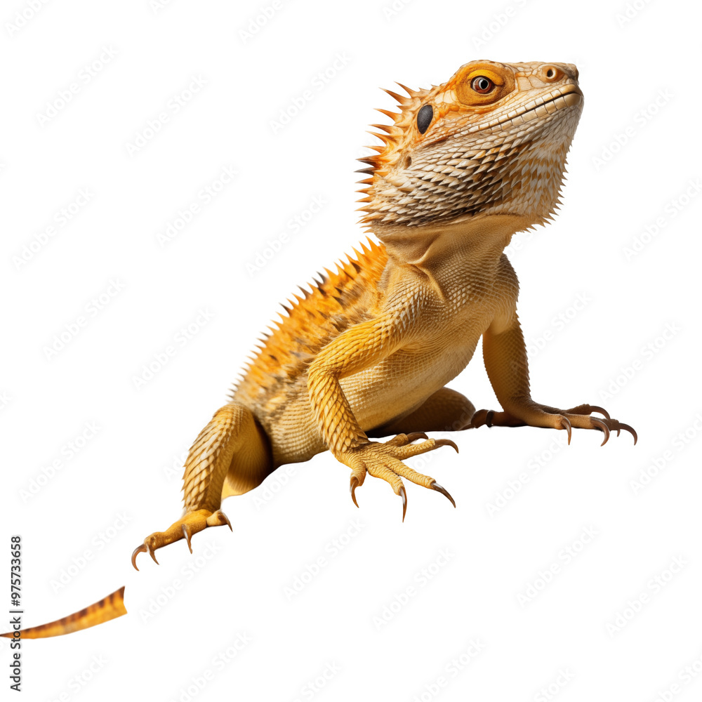 Naklejka premium Bearded Dragon Lizard Perched On A Rock With Spiky Orange Scales