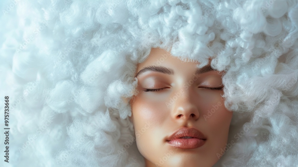 A woman with a white wig and a fluffy hairdo is sleeping A woman with a white wig and a fluffy hairdo is sleeping