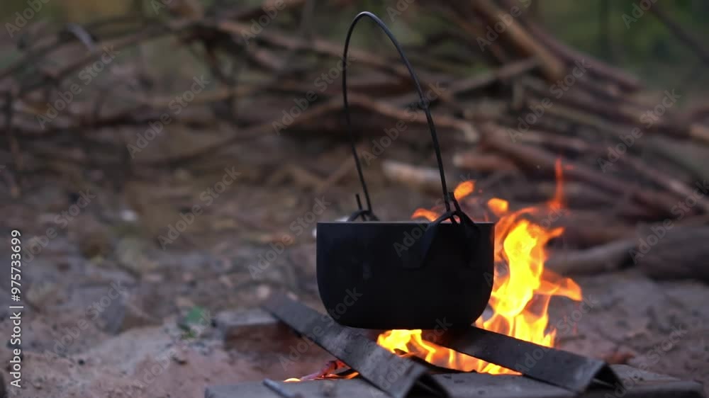 Close-up of a black pot with potatoes boiling over an open fire. Close-up of a black pot with potatoes boiling over an open fire.