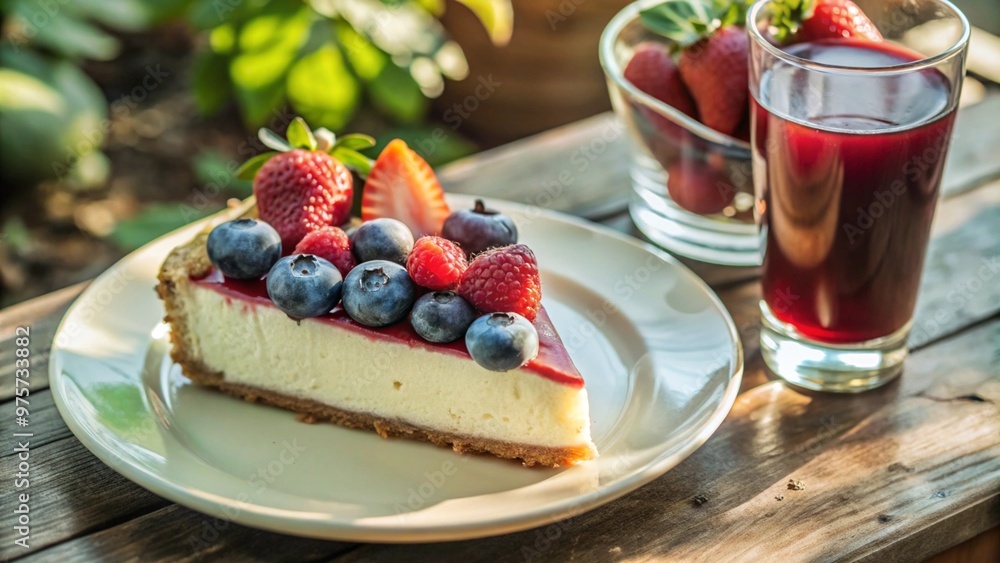 A slice of cheesecake with strawberries, blueberries and raspberries on top of a white plate. A glass of red juice is next to the plate
A slice of cheesecake with strawberries, blueberries and raspberries on top of a white plate. A glass of red juice is next to the plate