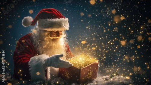 Santa Claus opens a glowing gift box in a snowy winter scene.