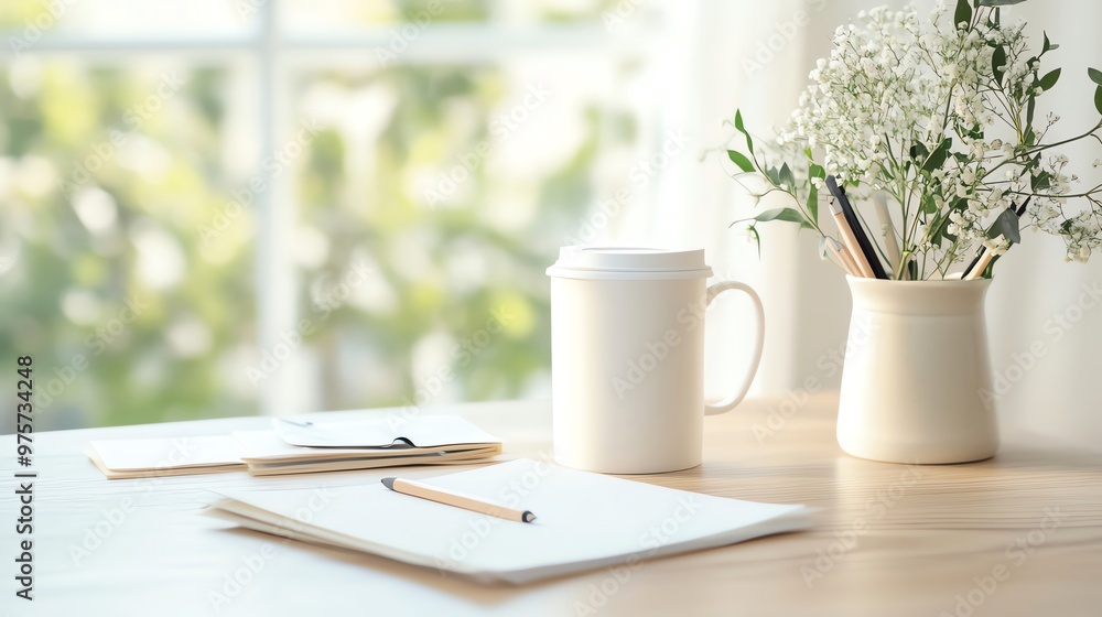 Cozy workspace with coffee mug, notebook, pencil, and flowers in a jar on a sunlit wooden desk, perfect for creativity and productivity. Cozy workspace with coffee mug, notebook, pencil, and flowers in a jar on a sunlit wooden desk, perfect for creativity and productivity.