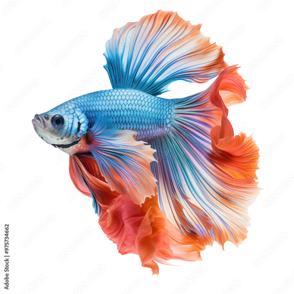 Fototapeta premium Blue And Orange Betta Fish With Flowing Fins Against A White Background