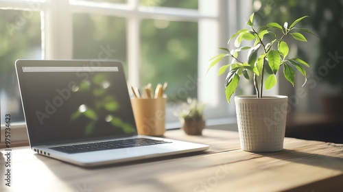 Sunlit home office desk with laptop, potted plant, and stationery by the window. Perfect for remote work and productivity inspiration.