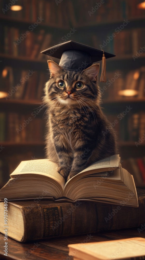 Cat wearing graduation cap sitting on an open book in a library. Education and wisdom concept