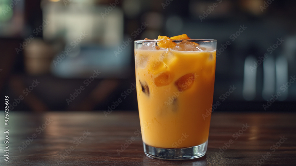 Refreshing orange beverage with ice cubes served in a clear glass on a wooden table Refreshing orange beverage with ice cubes served in a clear glass on a wooden table