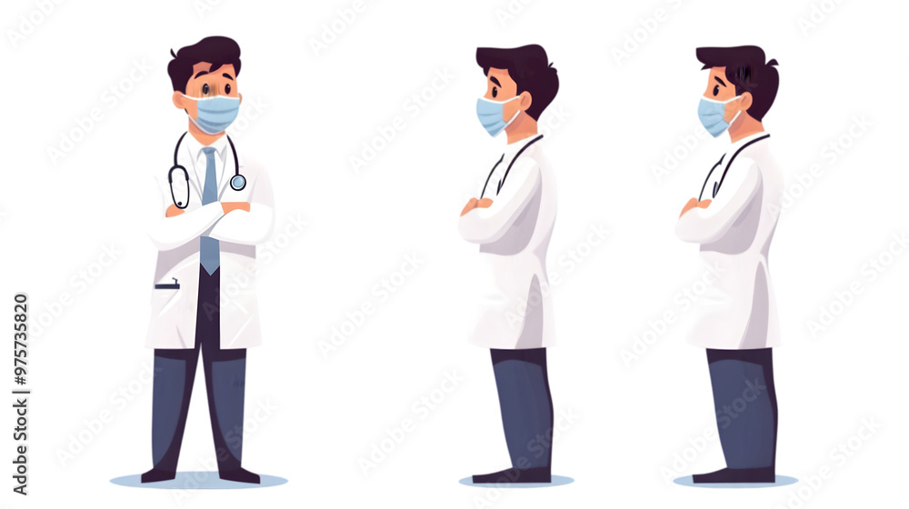 Happy Doctor Wearing Mask 2D Flat Illustration Isolated on Transparent Background Happy Doctor Wearing Mask 2D Flat Illustration Isolated on Transparent Background