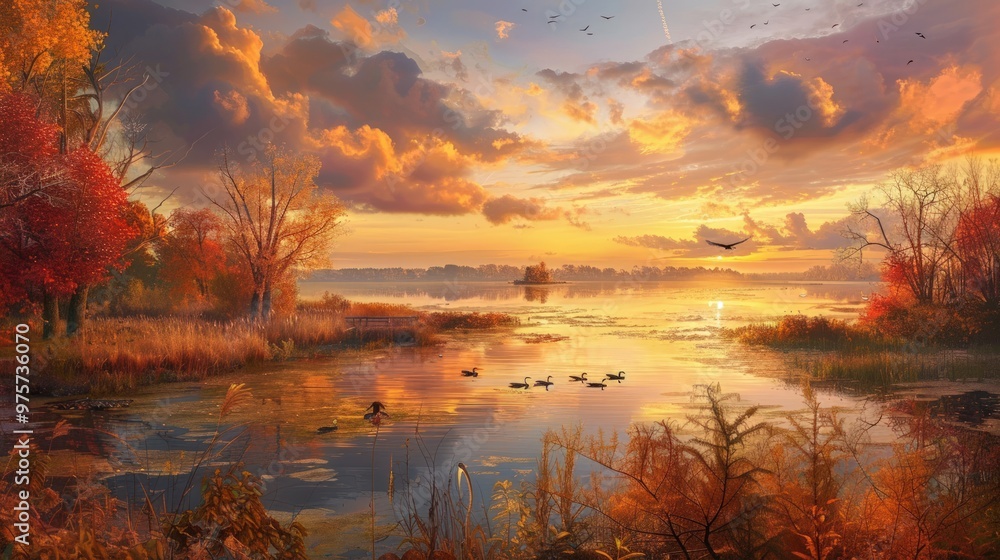 Golden Sunset Over Autumnal Lake Golden Sunset Over Autumnal Lake