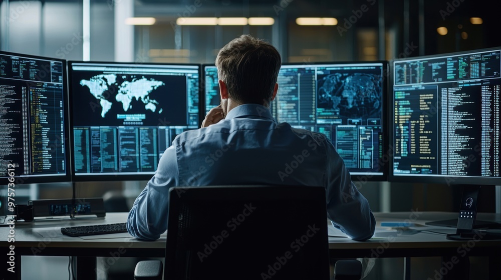 A virtual command center with a businessman analyzing digital safety compliance data, holographic interface with vibrant icons, sharp clarity A virtual command center with a businessman analyzing digital safety compliance data, holographic interface with vibrant icons, sharp clarity
