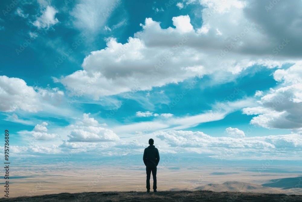 A solitary person observing a vast, limitless view of earth and atmosphere A solitary person observing a vast, limitless view of earth and atmosphere