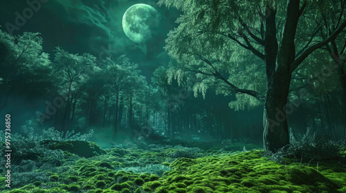 A full moon shines beautifully through trees in a dark forest