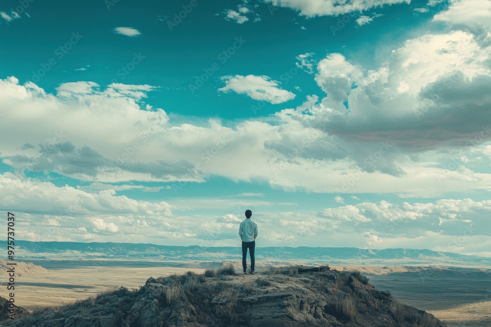 A solitary person observing a vast, open view of the landscape A solitary person observing a vast, open view of the landscape