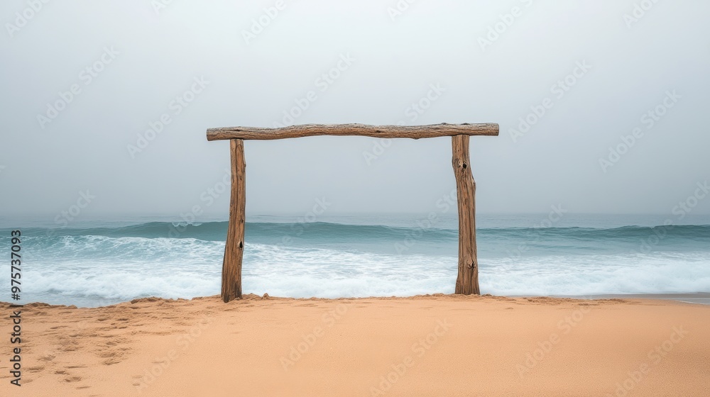 Wooden Archway On A Sandy Beach. generative ai illustration. Wooden Archway On A Sandy Beach. generative ai illustration.