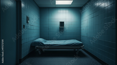 Solitary confinement room in a psychiatric facility, stark and empty with a single bed