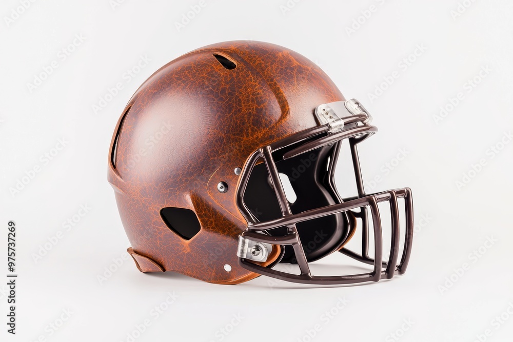 Fototapeta premium Vintage leather football helmet, retro sports equipment, textured illustration, earthy brown tones, isolated on white background