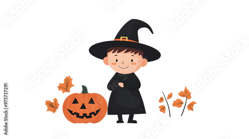 Kid wearing witch costume for Halloween, 2D flat illustration, isolated vector on transparent background