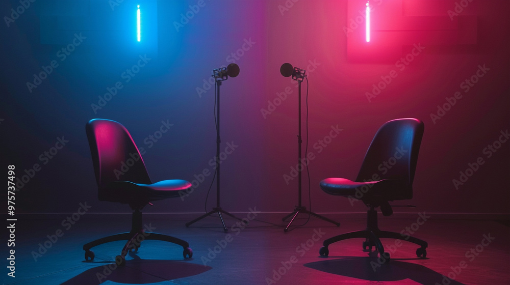 Two chairs and microphones in podcast or interview room on a dark background as a wide banner for media conversations or podcast streamers concepts with copy space area Two chairs and microphones in podcast or interview room on a dark background as a wide banner for media conversations or podcast streamers concepts with copy space area